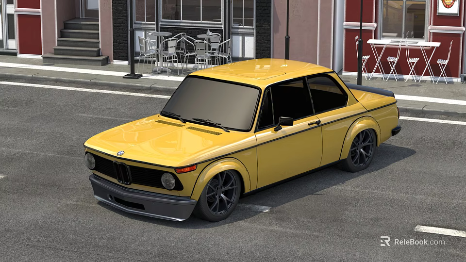Yellow Vintage BMW Car Parked On Urban Street With Buildings And Outdoor Seating 3d model 
