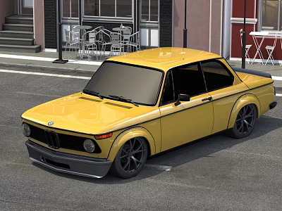 Yellow Vintage BMW Car Parked On Urban Street With Buildings And Outdoor Seating 3d model