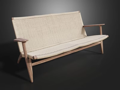 Modern Outdoor Bench With Wooden Frame And Woven Beige Seat Backrest 3d model