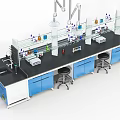 Modern Laboratory Workbench Setup With Blue Cabinets Yellow Warning Signs And Glass Shelves