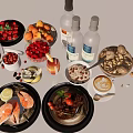 Assorted Delicious Food Platter with Cake Shrimp Steak Fruit Nuts Sauces and Wine Bottles