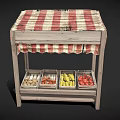 Wooden Food Stall With Red And White Checkered Awning And Transparent Containers For Snacks