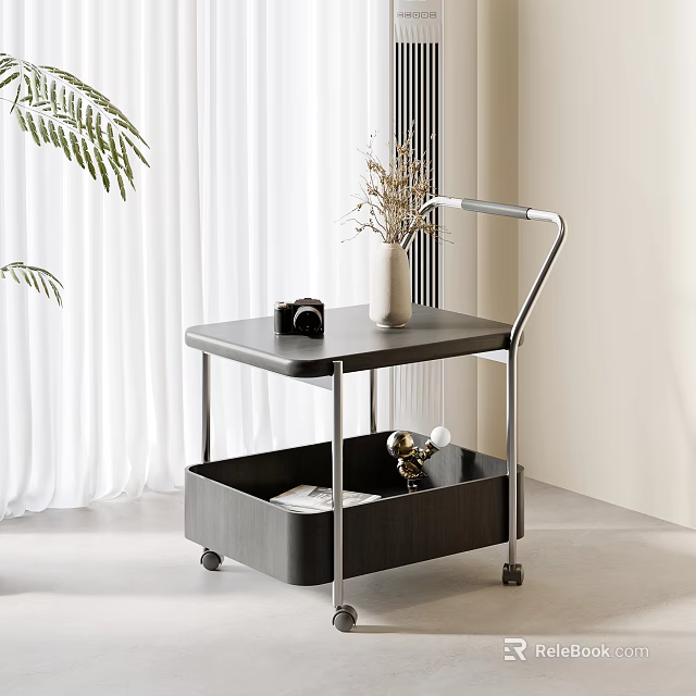 Modern Side Table With Black Tabletop Metal Frame Wheels And Storage Basket 3d model 