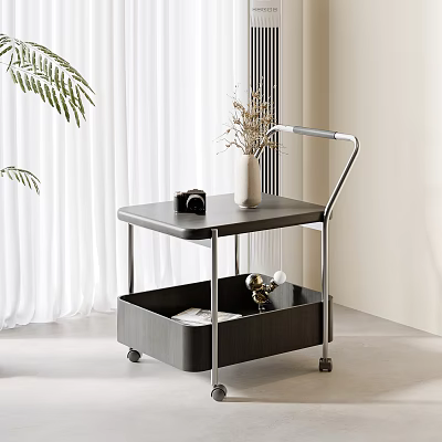 Modern Side Table With Black Tabletop Metal Frame Wheels And Storage Basket 3d model
