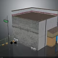 Small Building Structure With Gray Walls Brown Roof Green Street Sign Orange Boxes And Fence