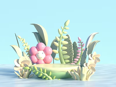 3D Cartoon Pink Flower Decor With Green Platform And Leaves Plants On Light Blue Background 3d model