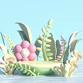3D Cartoon Pink Flower Decor With Green Platform And Leaves Plants On Light Blue Background