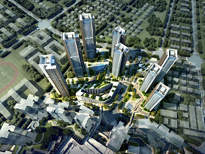 Aerial View of Modern Urban Building Complex with High-Rise Structures and Green Spaces 3d model