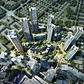 Aerial View of Modern Urban Building Complex with High-Rise Structures and Green Spaces