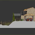 Cartoon Village Scene With Brown Roof House Small Cottage Fenced Path Green Grass And Trees