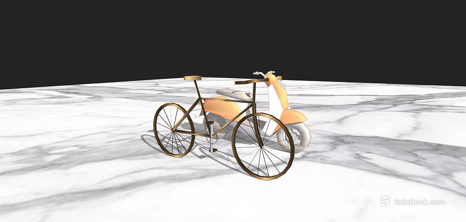 Golden Frame Bicycle With Orange Scooter On White Marble Floor 3d model 