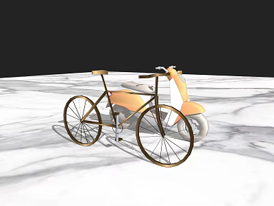Golden Frame Bicycle With Orange Scooter On White Marble Floor 3d model