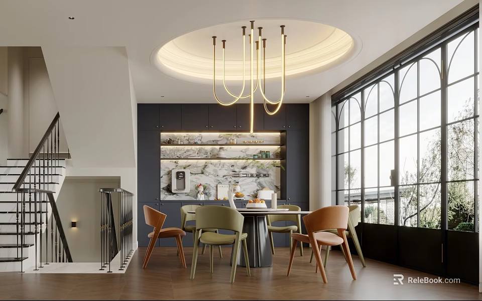 Modern Dining Living Room Interior Design With Round Chandelier Colorful Chairs Large Windows And Bar Counter 3d model 