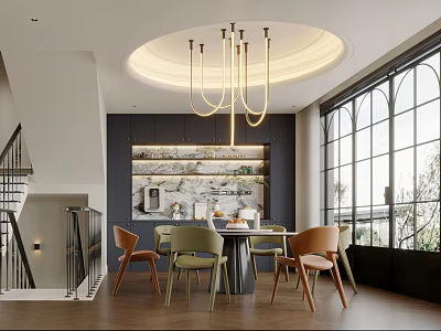 Modern Dining Living Room Interior Design With Round Chandelier Colorful Chairs Large Windows And Bar Counter 3d model