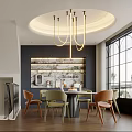 Modern Dining Living Room Interior Design With Round Chandelier Colorful Chairs Large Windows And Bar Counter