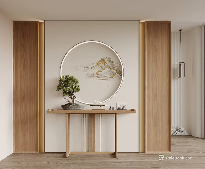 Modern Chinese Console Table In Entrance With Round Landscape Painting And Potted Plant 3d model 
