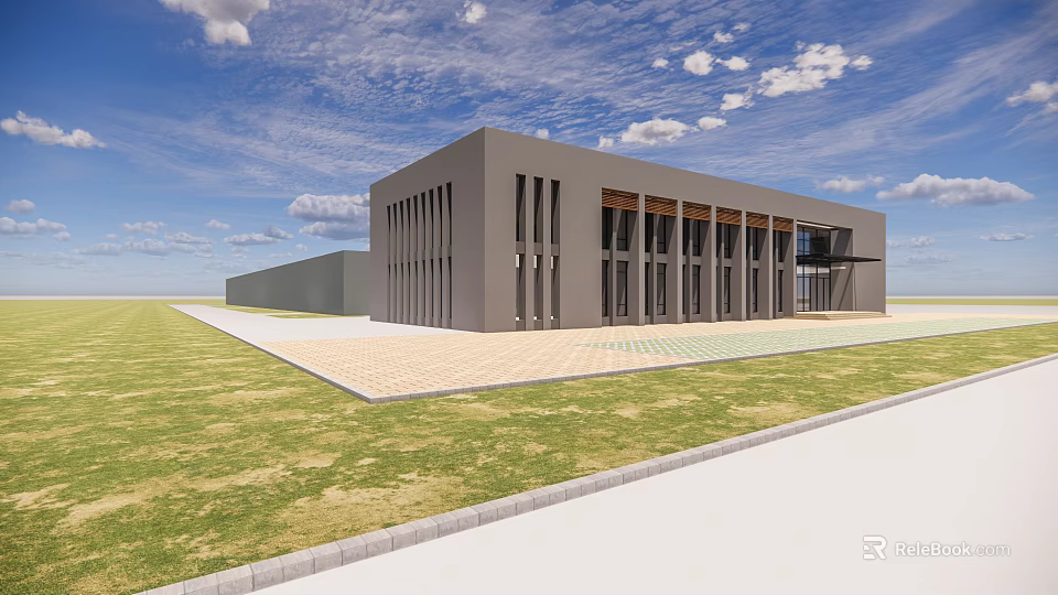 Modern Office Building Exterior With Vertical Strip Windows Plaza And Grass Area 3d model 