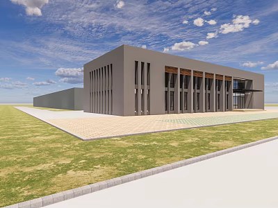 Modern Office Building Exterior With Vertical Strip Windows Plaza And Grass Area 3d model