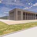 Modern Office Building Exterior With Vertical Strip Windows Plaza And Grass Area