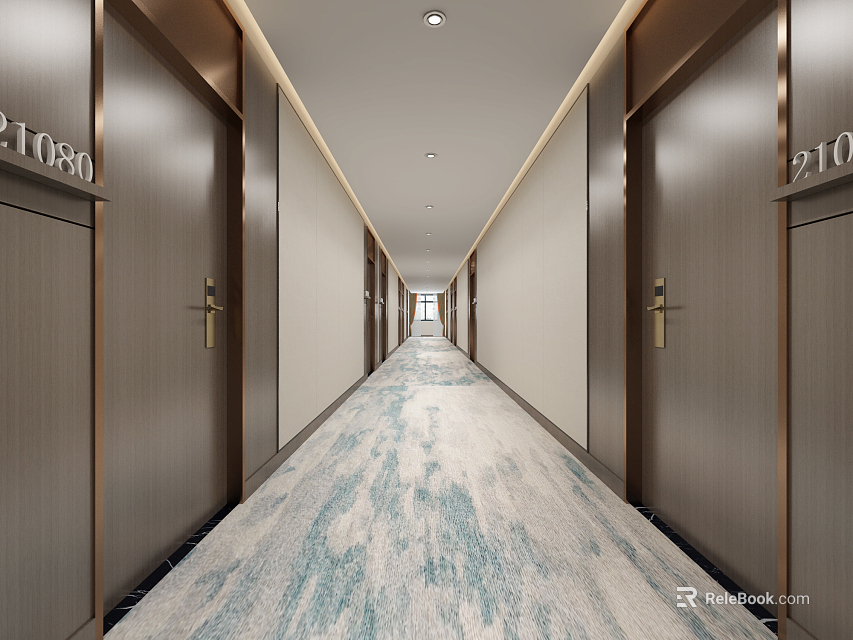 Modern Hotel Corridor Interior With Patterned Carpet Wooden Doors And Recessed Lighting 3d model 