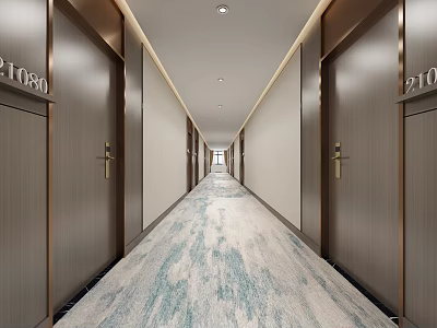 Modern Hotel Corridor Interior With Patterned Carpet Wooden Doors And Recessed Lighting 3d model