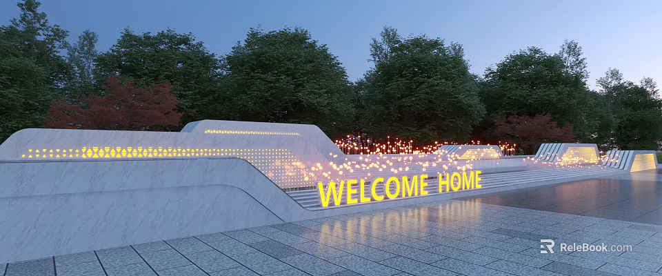 White Feature Wall With Yellow WELCOME HOME Letters Trees Lighting And Stone Pavement Steps 3d model 