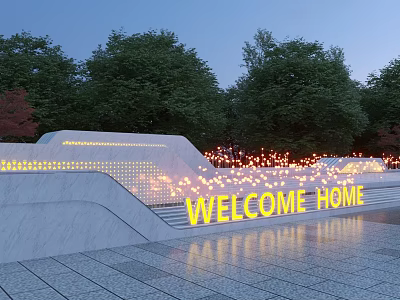 White Feature Wall With Yellow WELCOME HOME Letters Trees Lighting And Stone Pavement Steps 3d model