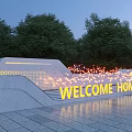 White Feature Wall With Yellow WELCOME HOME Letters Trees Lighting And Stone Pavement Steps
