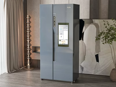 Modern Gray Double Door Refrigerator Freezer With Smart Display In Interior Decor 3d model