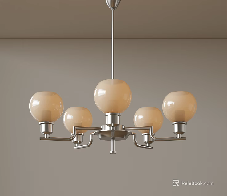Modern Five Globe Chandelier With Creamy White Glass Shades And Silver Metal Frame 3d model 