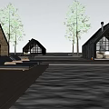 Modern Wooden Cabin Exterior With Swimming Pool Terrace Loungers And Sunset Reflection On Water