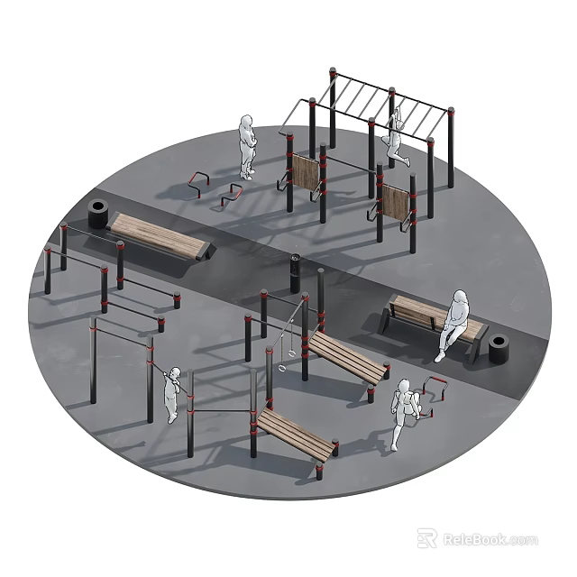 Garden Landscape With Outdoor Fitness Equipment And People Exercising On Stations 3d model 