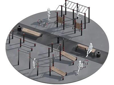 Garden Landscape With Outdoor Fitness Equipment And People Exercising On Stations 3d model