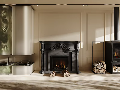 Elegant Ornate Fireplace With Burning Fire And Stacked Wood Logs On Light Paneled Walls 3d model