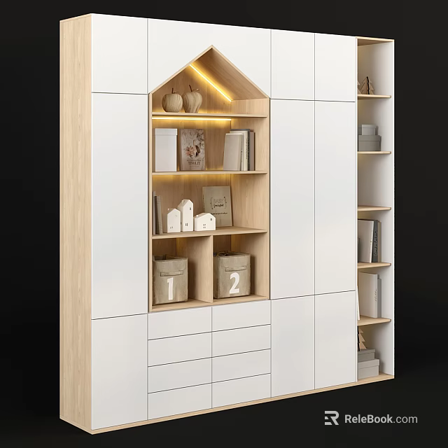 Modern White Wooden Bookcase With Multiple Shelves Drawers Storage Boxes And Decorative Items 3d model 