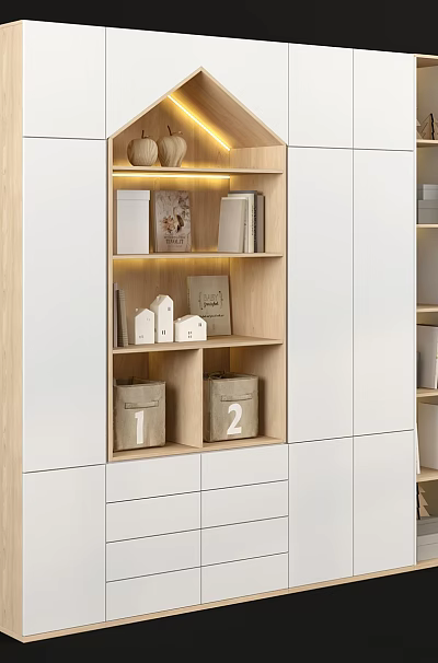 Modern White Wooden Bookcase With Multiple Shelves Drawers Storage Boxes And Decorative Items 3d model