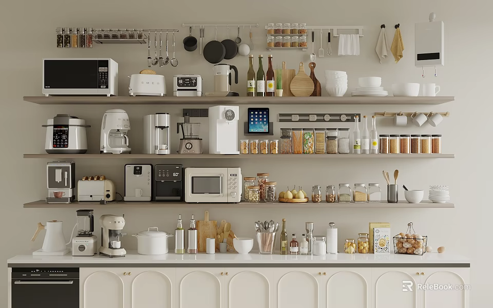 Modern Kitchen with Essential Appliances Microwave Coffee Maker Blender on Organized Shelves 3d model 
