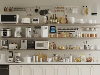 Modern Kitchen with Essential Appliances Microwave Coffee Maker Blender on Organized Shelves 3d model