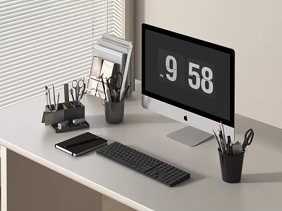 Organized Home Office Desk With Computer Monitor Keyboard Smartphone And Stationery 3d model