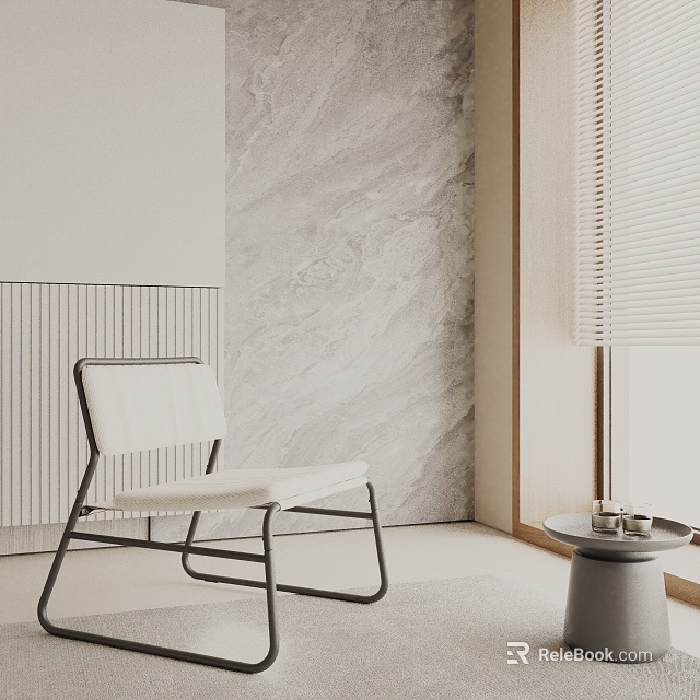 Modern Leisure Chair with White Seat Black Metal Frame by Marble Wall and Side Table 3d model 
