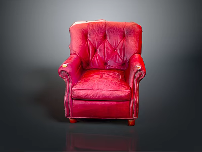 Single Red Leather Sofa With Tufted Backrest Armrests And Wooden Legs 3d model