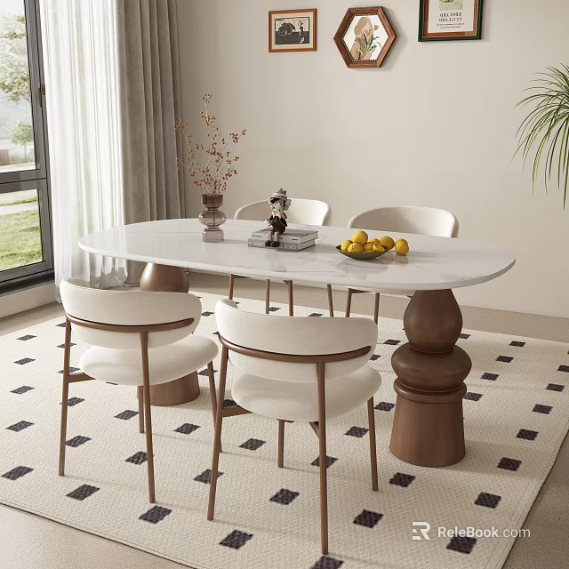 Elegant Dining Table Set With White Tabletop Wooden Leg Chairs Vase Fruits And Geometric Rug 3d model 