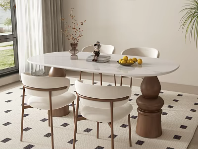 Elegant Dining Table Set With White Tabletop Wooden Leg Chairs Vase Fruits And Geometric Rug 3d model