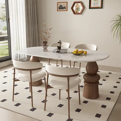 Elegant Dining Table Set With White Tabletop Wooden Leg Chairs Vase Fruits And Geometric Rug 3d model