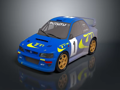 Blue Rally Car With BLUTUTU Logo Yellow Graphics And Gold Wheels 3d model