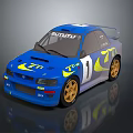 Blue Rally Car With BLUTUTU Logo Yellow Graphics And Gold Wheels