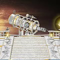 Commercial Astronomical Observatory Equipment with Large Telescope Structure on Marble Platform and Celestial Starry Sky