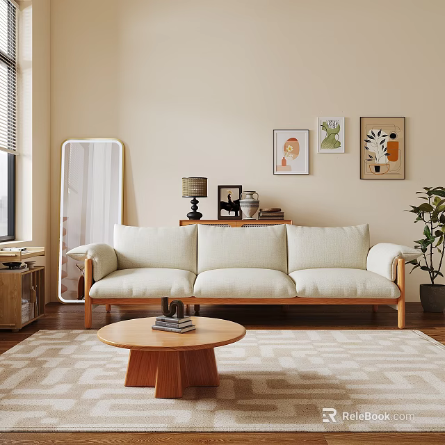 Modern Living Room Interior With Three-Seater Sofa Wooden Frame Round Coffee Table And Decorative Paintings 3d model 