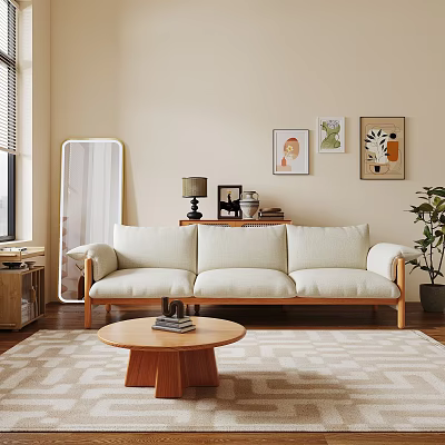 Modern Living Room Interior With Three-Seater Sofa Wooden Frame Round Coffee Table And Decorative Paintings 3d model