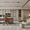 Modern Office Interior Design With Desk Chair Bookshelf Sofa And Green Plants